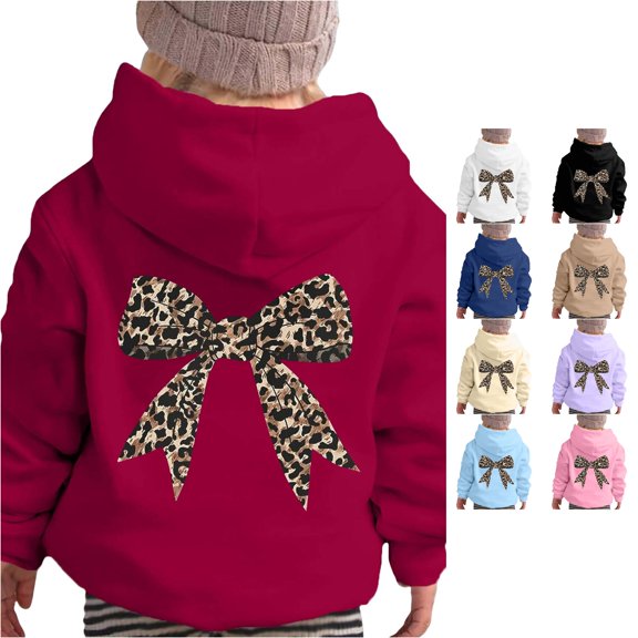 ZXLBBD Hoodies for Girls Long Sleeve Leopard Bow Print Hoodie Soft Sweatshirt Graphic Kids Cute Pullovers Top Clothes Casual Outdoor,Red,Size 9 Y-10 Y