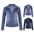 thumbnail image 2 of Women Denim Jacket Retro Single-breasted Slim Fit Turn-down Collar Long Sleeves Solid Color Flap Pockets Lady Coat Commuting Shopping Jacket, 2 of 8