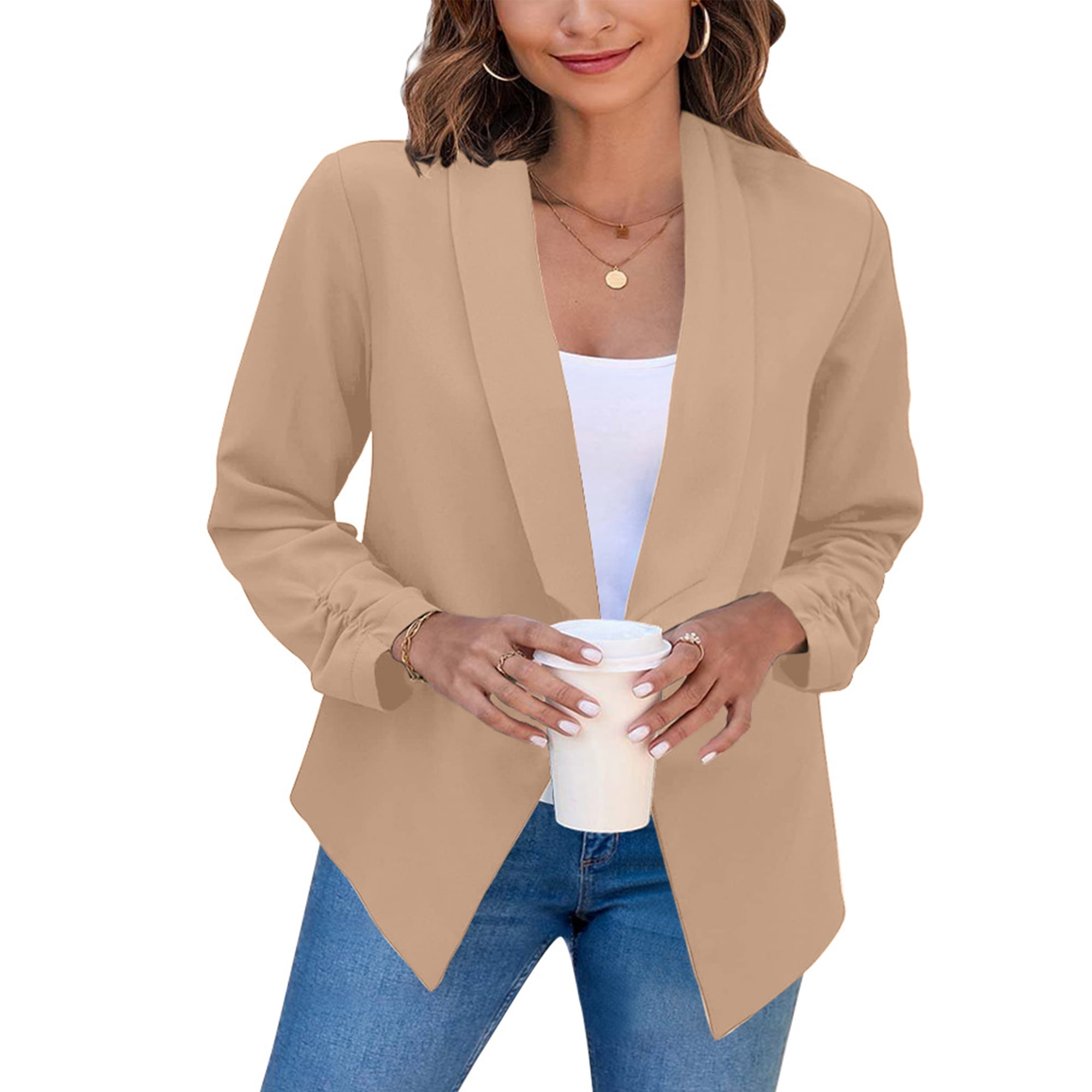 Bellella Women Blazers Plain Lapel Blazer Long Sleeve Jacket Coat Open Front Solid Color Outwear Work Suit Khaki 5XL Walmart