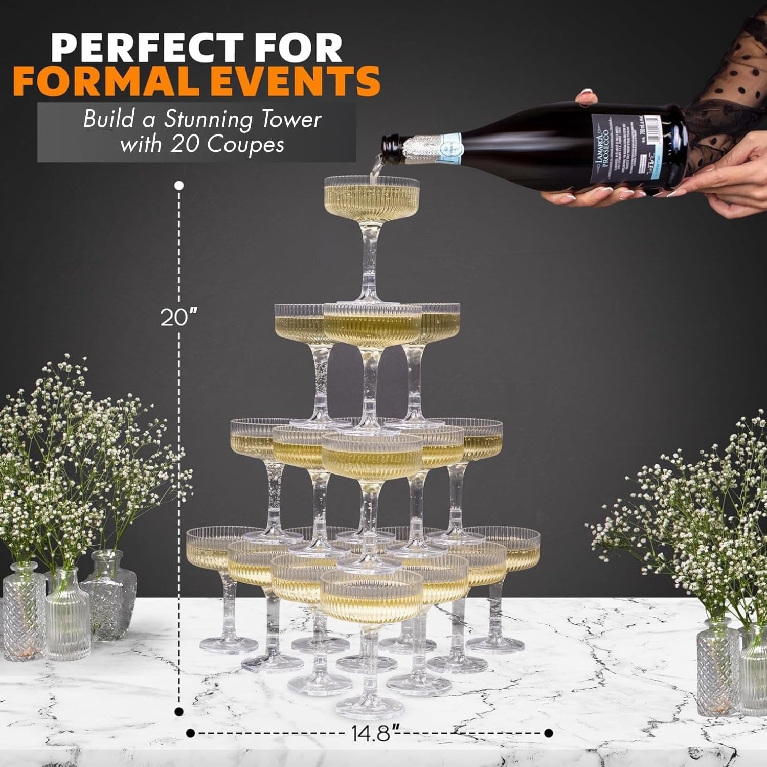 Champagne Tower - 7oz. Set of 20 Champagne Flutes Plastic - For Weddings & Parties - Plastic Coupe Glasses - Clear