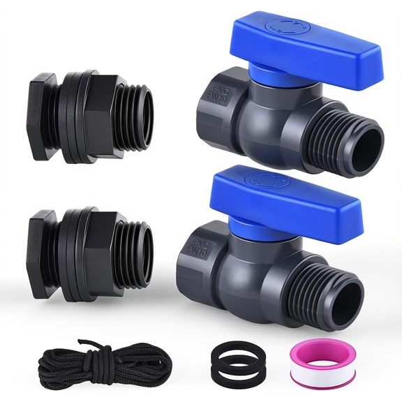 HIBIBUD 2 Pack 3/4 Inch Rain Barrel Spigot Kit, PVC Garden Hose Shut Off Valve with Bulkhead Fitting, Rain Barrel Diverter Kit for Water Tanks, Aquariums, Garden Barrel