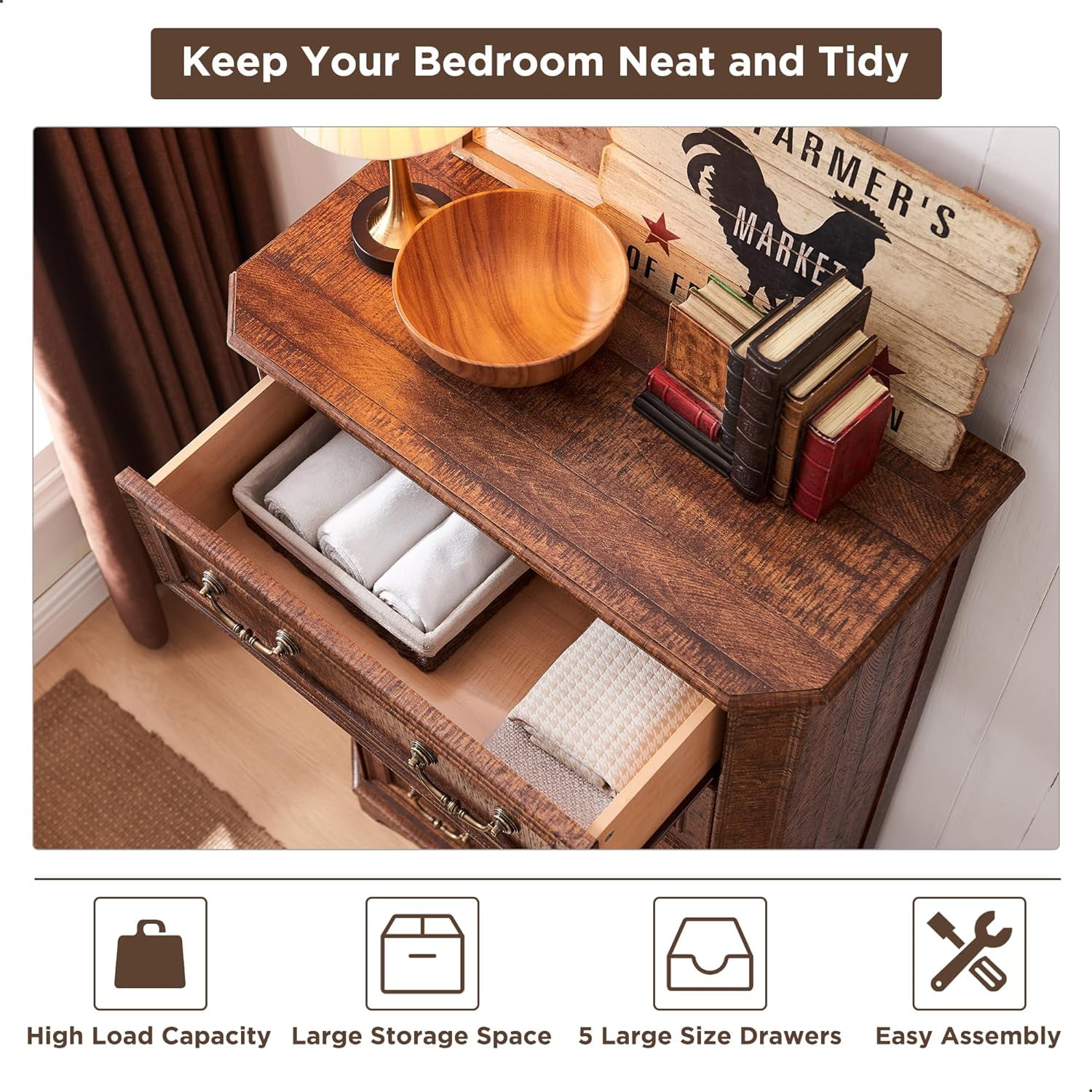 OKD Farmhouse 5-Drawer Dresser with Vintage Wood Thick Plank, Tall Storage Chest with Anti-Tip Device for Bedroom, Living Room, Reclaimed Barnwood