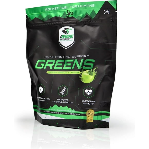 iRide Crushed Greens Superfood Powder Green Apple Flavor Boost Energy, Detox, Sans sucre, Améliorer la santé Spiruline biologique Herbe de blé Nutrition complète à partir de fruits et légumes (46 portions)