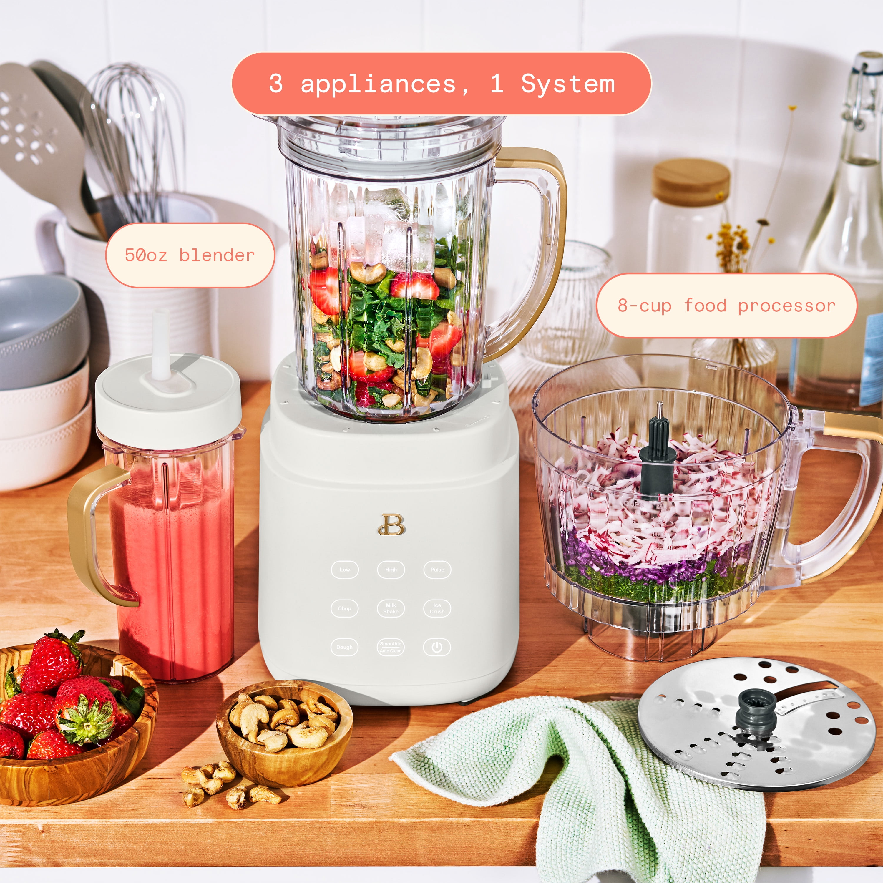 Beautiful 3-in-1 Kitchen System, Blender, Food Processor & Personal Blender, White Icing by Drew Barrymore