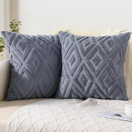 Blue Grey Throw Pillow Covers 16×16 Set of 2 Soft Plush Faux Fur Decorative Couch Pillow Covers for Sofa Bed Living Room Pillow Cases with 3D Diamond Pattern
