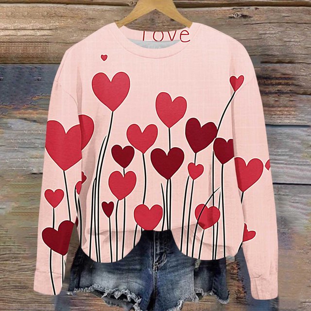 Jsaierl Chandails en Molleton pour Femmes Saint-Valentin Mignons Imprimé Cœur Chandails en Molleton Tendance Chandail Col Rond Décontracté Manches Longues pour Femmes