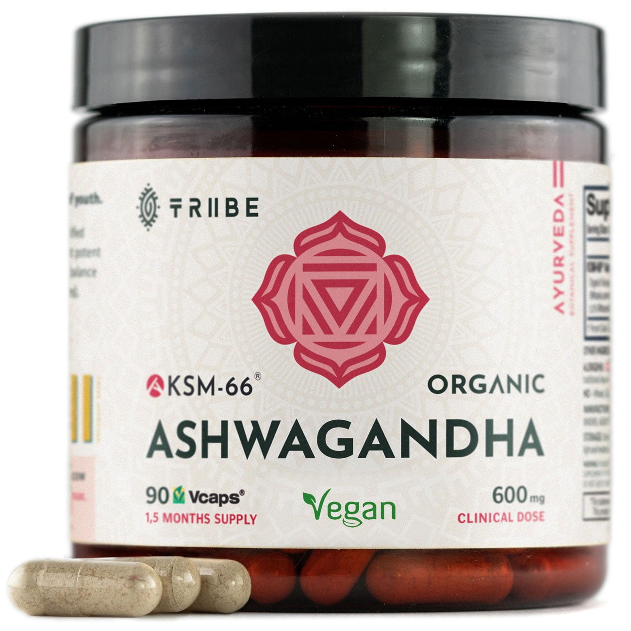 Tribe Organics, Vegan 600mg KSM-66 Ashwagandha Root Extract Powder Ayurvedic Herb for Mood Support, Increase Energy, Strength - Organic, Natural, Gluten Free, Non GMO - 90 Capsules