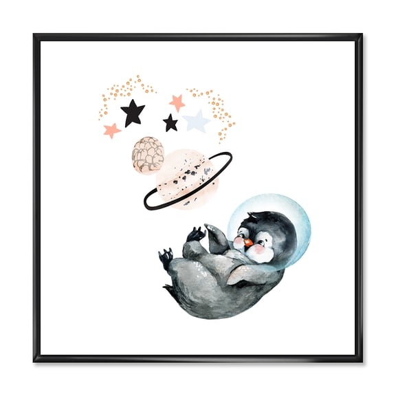 Designart 'Little Penguin With Planets and Stars I' Farmhouse Framed Canvas Wall Art Print