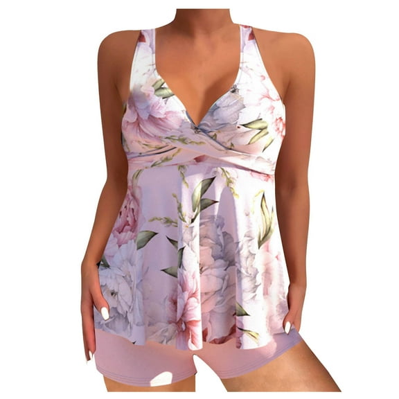 Sakmal Two Piece Swimsuit Plus Size Tankinis Ruffle Pink Swimwear Floral Ruched Swimsuit Sets
