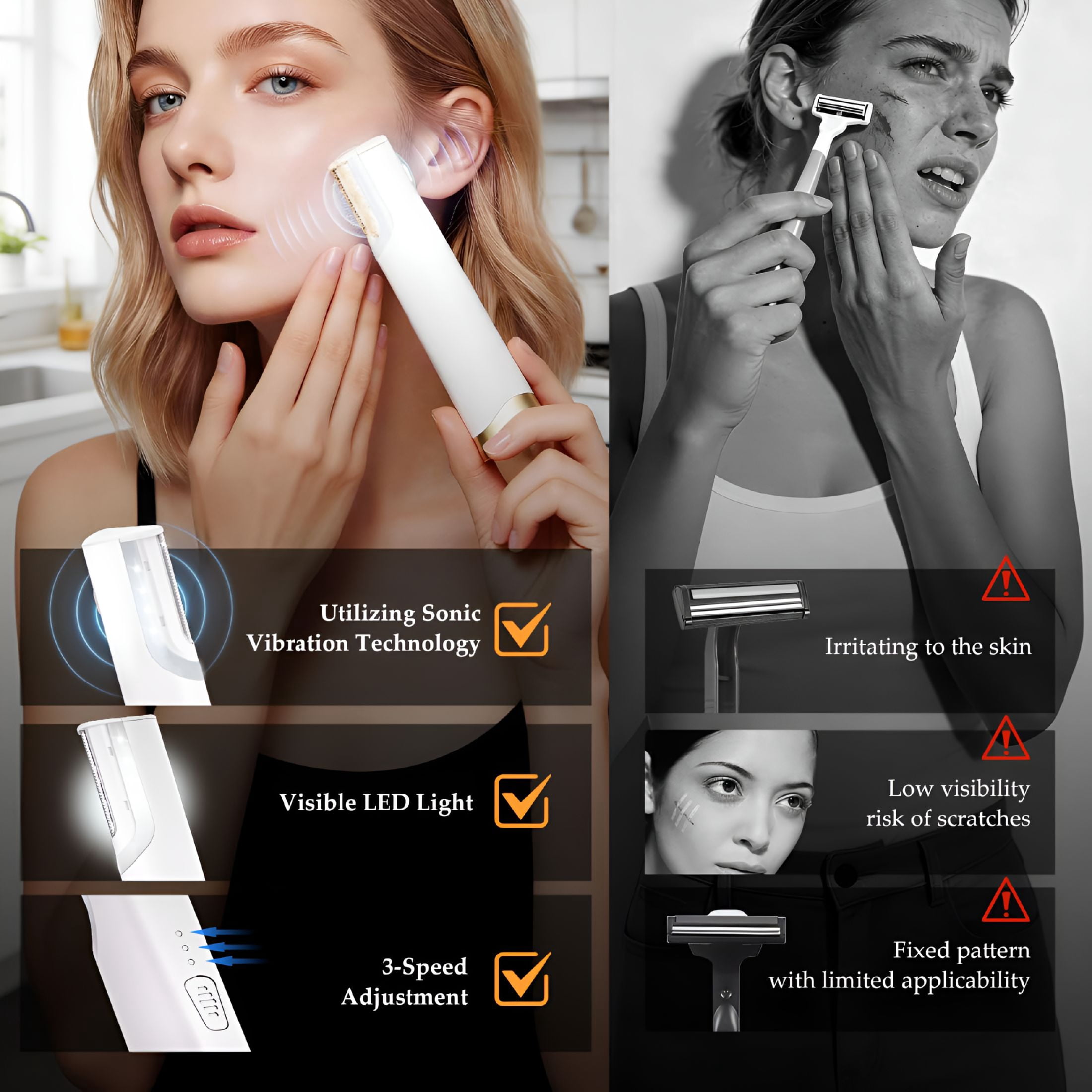 EXLEAF Dermaplaning for Women Face-Rechargeable Dermaplane Razor for Women Face,3-Speed Adjustment&White Led Light,10 Replacement Blades