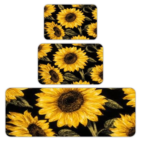 RKSupls Kitchen Rug Set 3 Piece Anti-Slip Flannel Floor Mats, Sunflowers Black Background Washable Absorbent Runner Mats for Kitchen Bathroom Home Decor