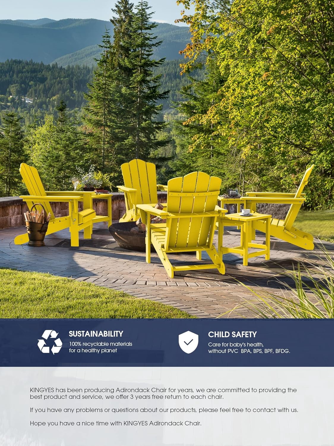 SONGMY Folding Adirondack Chair, HDPE All-Weather Patio Chairs, Wooden Textured Lawn Chair for Poolside, Backyard, Deck, Fire Pit, Yellow