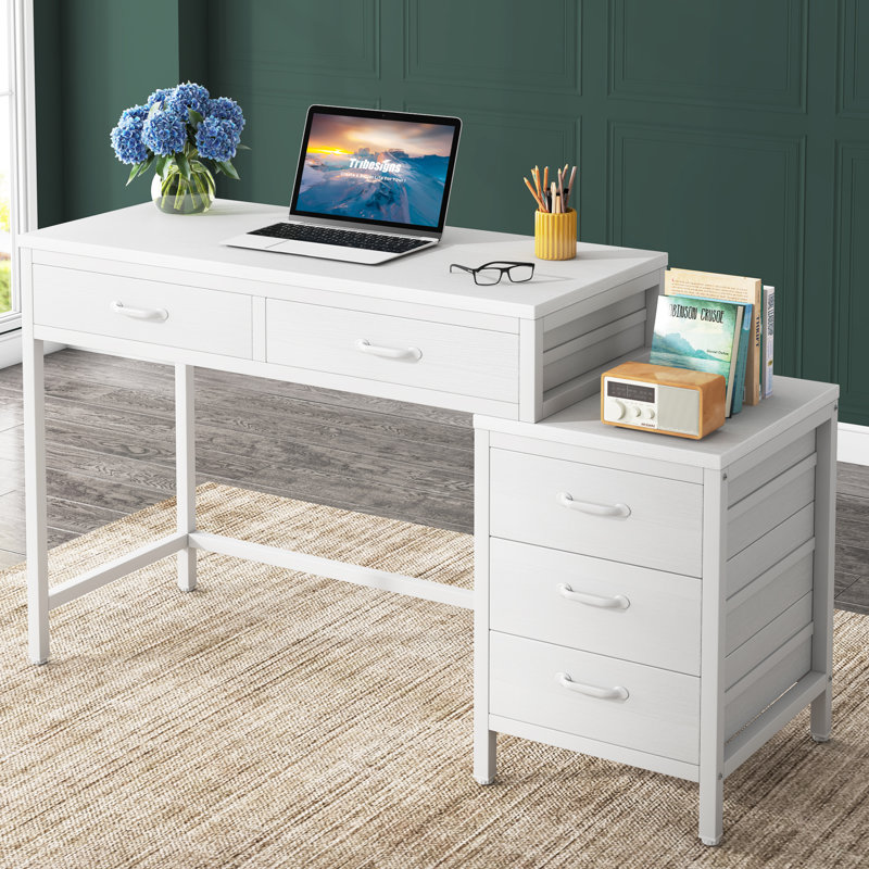 Tribesigns Computer Desk with 5 Drawers, Home Office Desks with Reversible Drawer Cabinet Printer Stand, Industrial PC Desk with Storage, Rustic Study Writing Table Workstation for Small Spaces