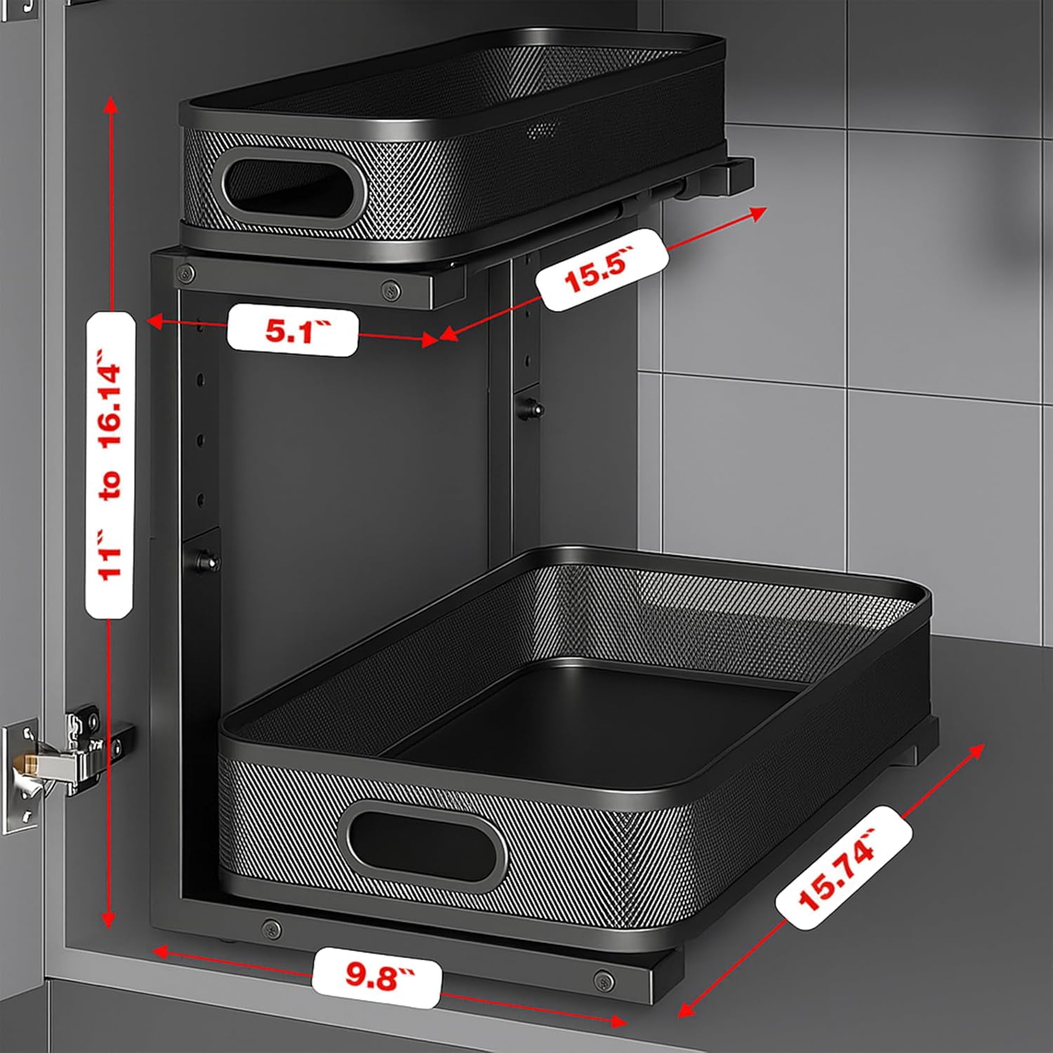 2 Pack Under Sink Organizer, Dual-Layer Pull Out Mesh Cabinet Rack with 5-Level Height Adjustment, Rust-Resistant Sliding Storage for Bathroom & Kitchen, Multi-Purpose 2-Tier Shelf(Black)