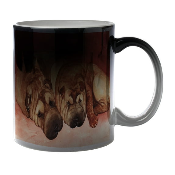 KuzmarK Black Heat Morph Color Changing Coffee Cup Mug 11 Ounce - Chinese Shar-Pei Mother and Daughter Art by Denise Every
