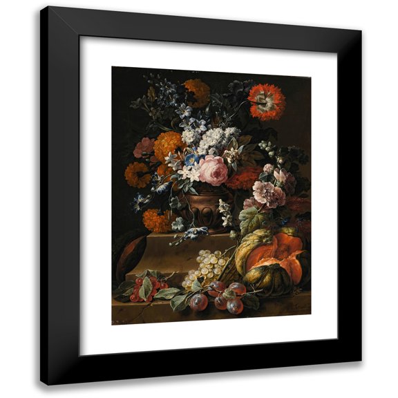Gaspar Peeter Verbruggen the Younger 12x14 Black Modern Framed Museum Art Print Titled - Still Life with Hollyhock, Carnations, and Various Flowers in a Vase on a Plinth with a Melon, Cherries, Grape