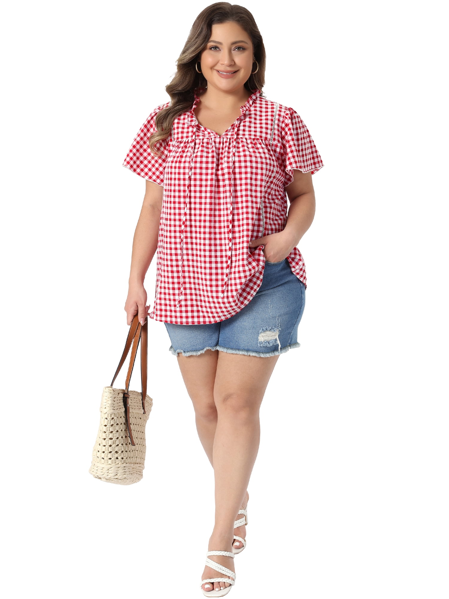 DARING DIVA Women's Plus Gingham Tie Front Ruffle V Neck Blouse 3X Red