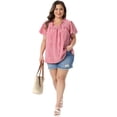 thumbnail image 3 of DARING DIVA Women's Plus Gingham Tie Front Ruffle V Neck Blouse 1X Red, 3 of 6