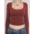 thumbnail image 4 of Michellecmm  Women Lace Trim Short T-Shirts U-Neck Long Sleeve Shirts Tops, 4 of 5