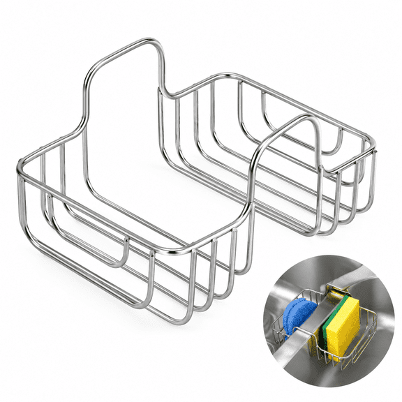Rustproof Stainless Steel Sink Sponge Holder, No Drill Sink Saddle Caddy, Double Compartment Organizer for Sponge Soap Dish Brush
