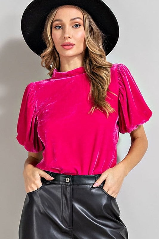 Hot Pink Velvet Puff Sleeve Top 0049