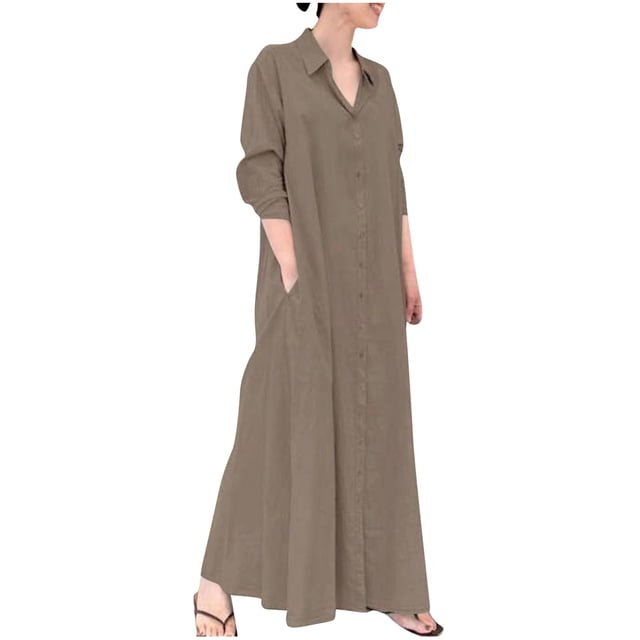 QUYUON Robes T-Shirt pour Femmes Liquidation Coton Lin Col Rabattu Manches Longues Poche Ample Longue Robe Chemise Femmes Robes d'Hiver Col à Revers Longueur Cheville Robe Moulante Style D-18160 Café L
