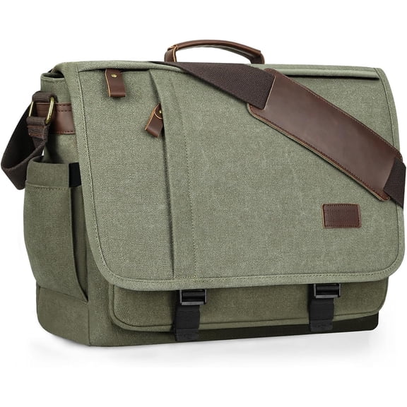 Men's Messenger Bag 17.3 Inch, Water-resistant Canvas Laptop Bag, Computer Bag for College Travel Work, Army Green