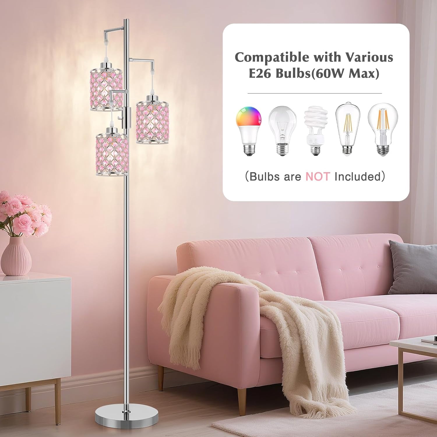 NATYSWAN Morden Gold Crystal Floor Lamps for Living Room, 3-Light Standing Tall Lamp with Elegant K9 Crystal Shade & Rotary Switch, Modern Corner Lamp for, Bedroom,Office