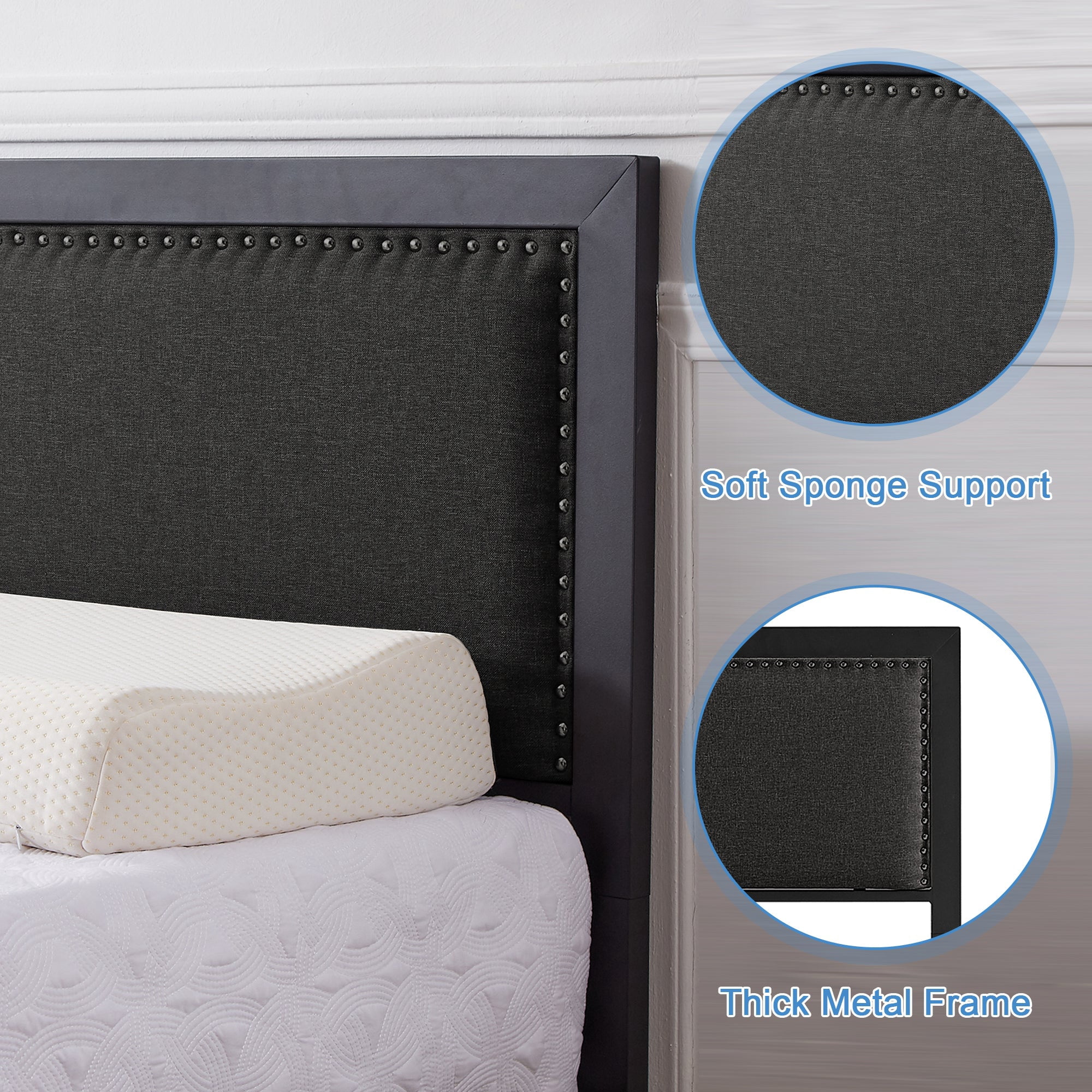 VECELO Queen Size Bed Frame Metal Platform Bed with Upholstered Headboard, No Box Spring Needed, Black