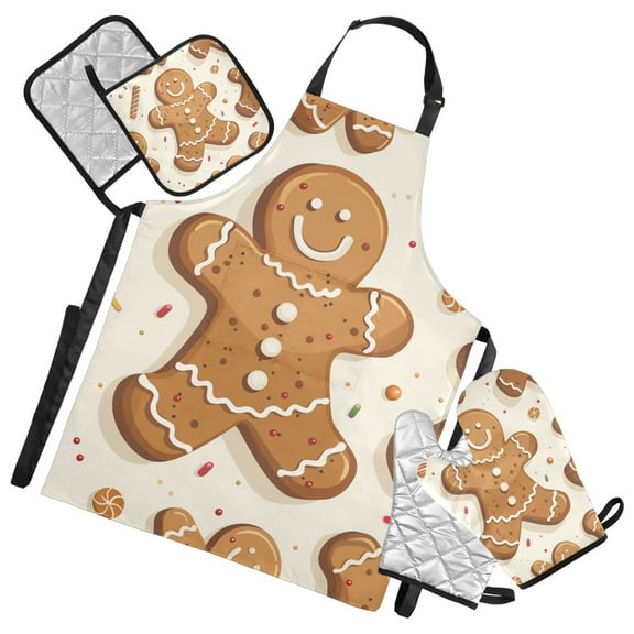 Gingerbread Man Cartoon Christmas Apron Set with Oven Mitts Pot Holders Set of 5 Kitchen Stuff Accessories
