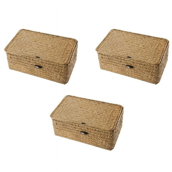 3X Seagrass Hand Woven Storage Box Storage Box Storage Basket Makeup Organizer Multipurpose Container with Lid