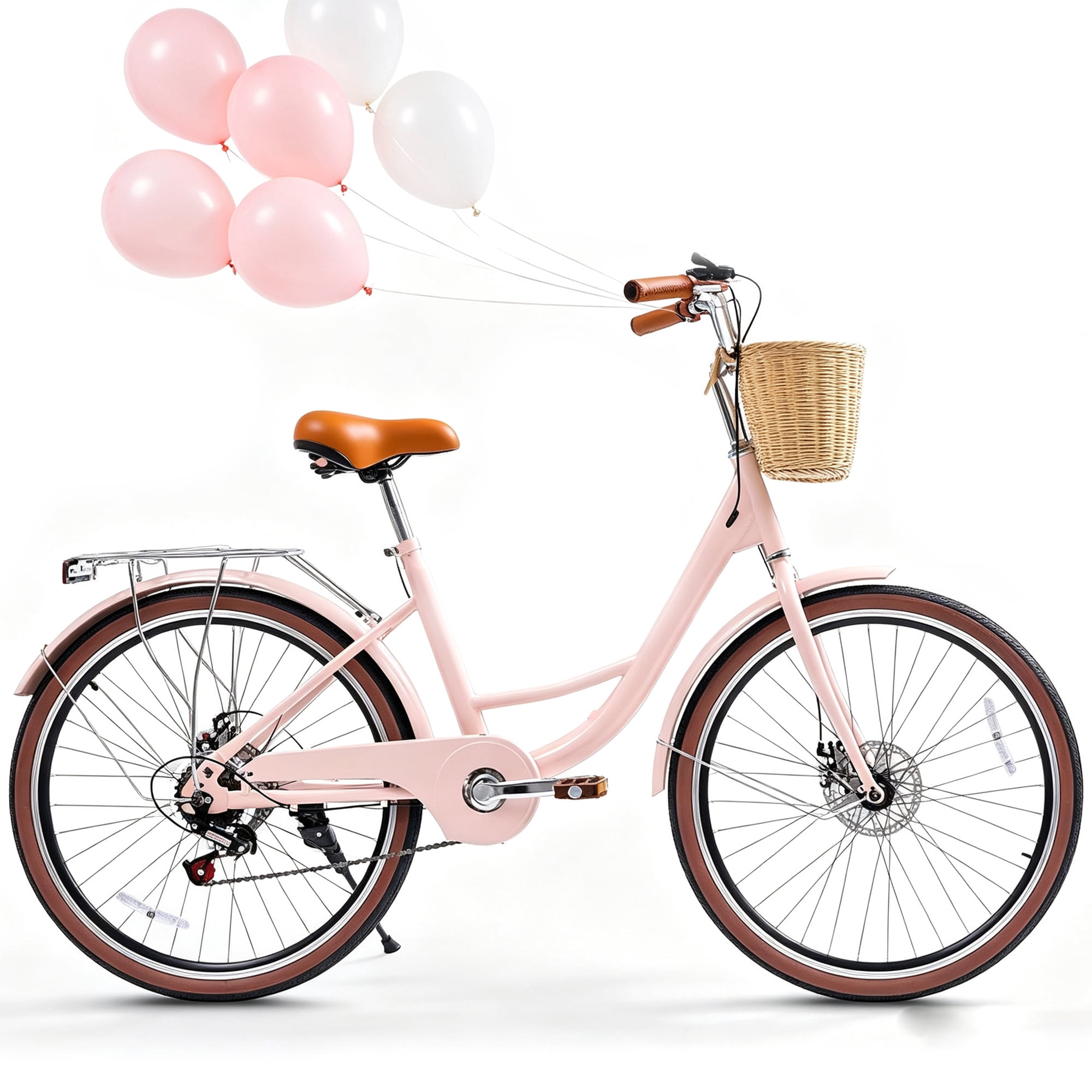 Akaber 24 Inch Beach Cruiser Bike for Women, 7 Speed Commuter Bicycle with Rattan Basket, Adjustable Seat, Lightweight Bike for Ladies, Pink