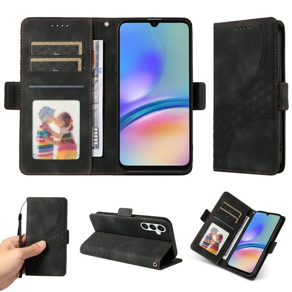 Designed for Samsung Galaxy A16 5G/4G Case Wallet, Flip Folio Cover with Embossed PU Leather Stand Credit Card Holders Slots Wrist Strap Full Body Protection Phone Case for A16 5G/4G - Black