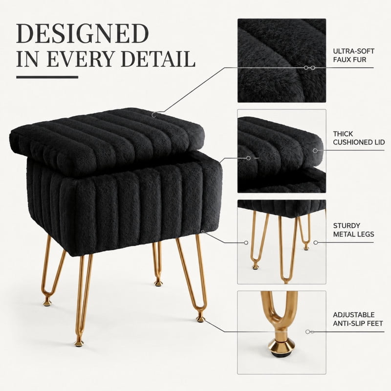 BEAUTYPEAK Vanity Stool with Storage Faux Fur Padded Makeup Ottoman with Gold Metal Legs and Adjustable Feet 18.9" Footstool, Black
