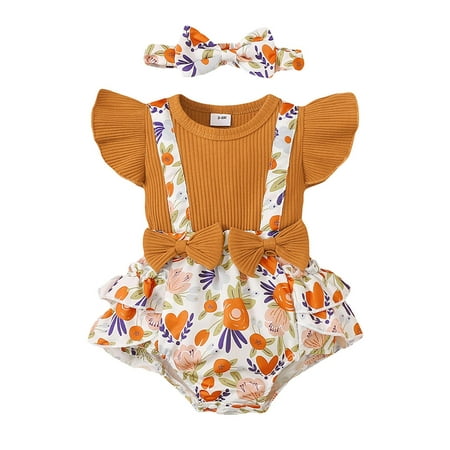 

elfinBE Newborn Baby Girl Printed Bowknot Patchwork Romper Hair Band 2PCs Set Outfits 0-18Months