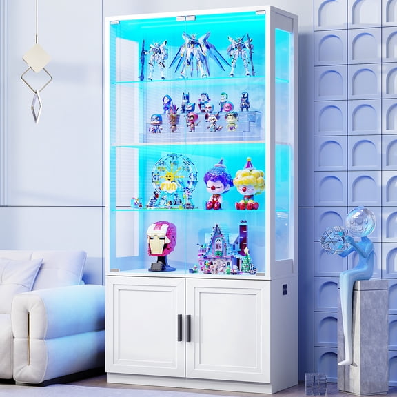BROTTAR 67" Display Cabinet with Glass Doors, 4-Tier Curio Cabinet with 2 Removable Glass Shelves, Display Case with Storage Cabinet for Collectibles, White