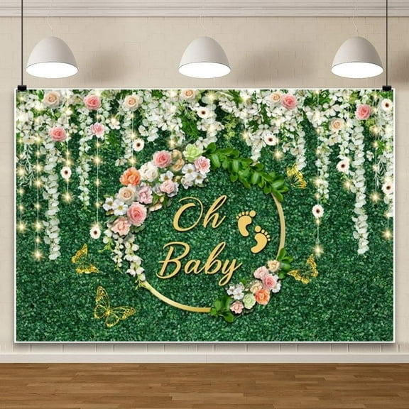 Oh Baby Backdrop Greenery Grass Wall Floral Wreath Newborn Baby Shower Background for Photography Pregnant Announcement Party Cake Table Banner Decoration Photo Booth Props