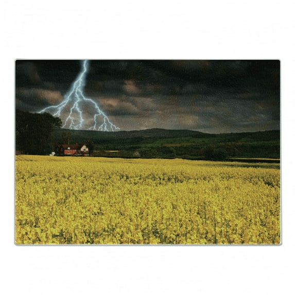 Nature Cutting Board, Thunderstorm over the Meadow Valley with Scary Dark Sky Rural Farm Scenery, Decorative Tempered Glass Cutting and Serving Board, Small Size, Yellow Green Purple, by Ambesonne