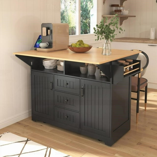 Brand Kitchen Island with 2 Drop Leaves & 3 Deep Drawers - Dual Folding & Multifunctional