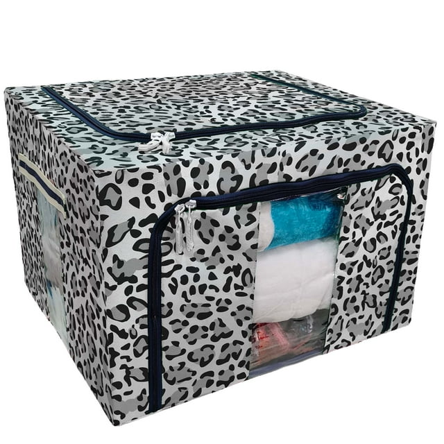 EREHome leopard print pattern gray scale Storage Bag Clear Window Storage Bins Boxes Large Capacity Foldable Stackable Organizer With Steel Metal Frame For Bedding,Clothes,Closets, Bedrooms