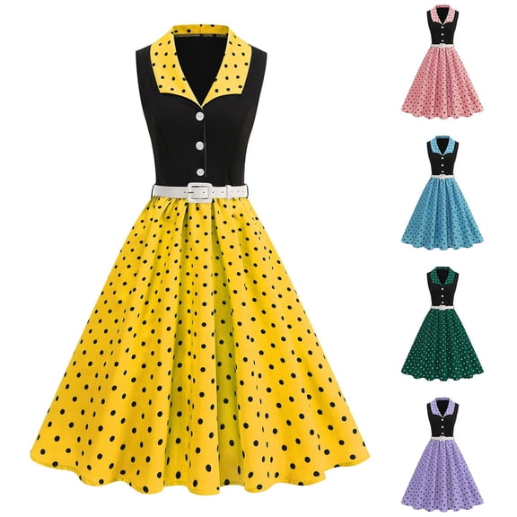 Ashirexll Midi Dresses for Women, Flowy Dresses for Women, Sleeveless Polka Dots Doll Collar Stylish Wedding Guest Dress