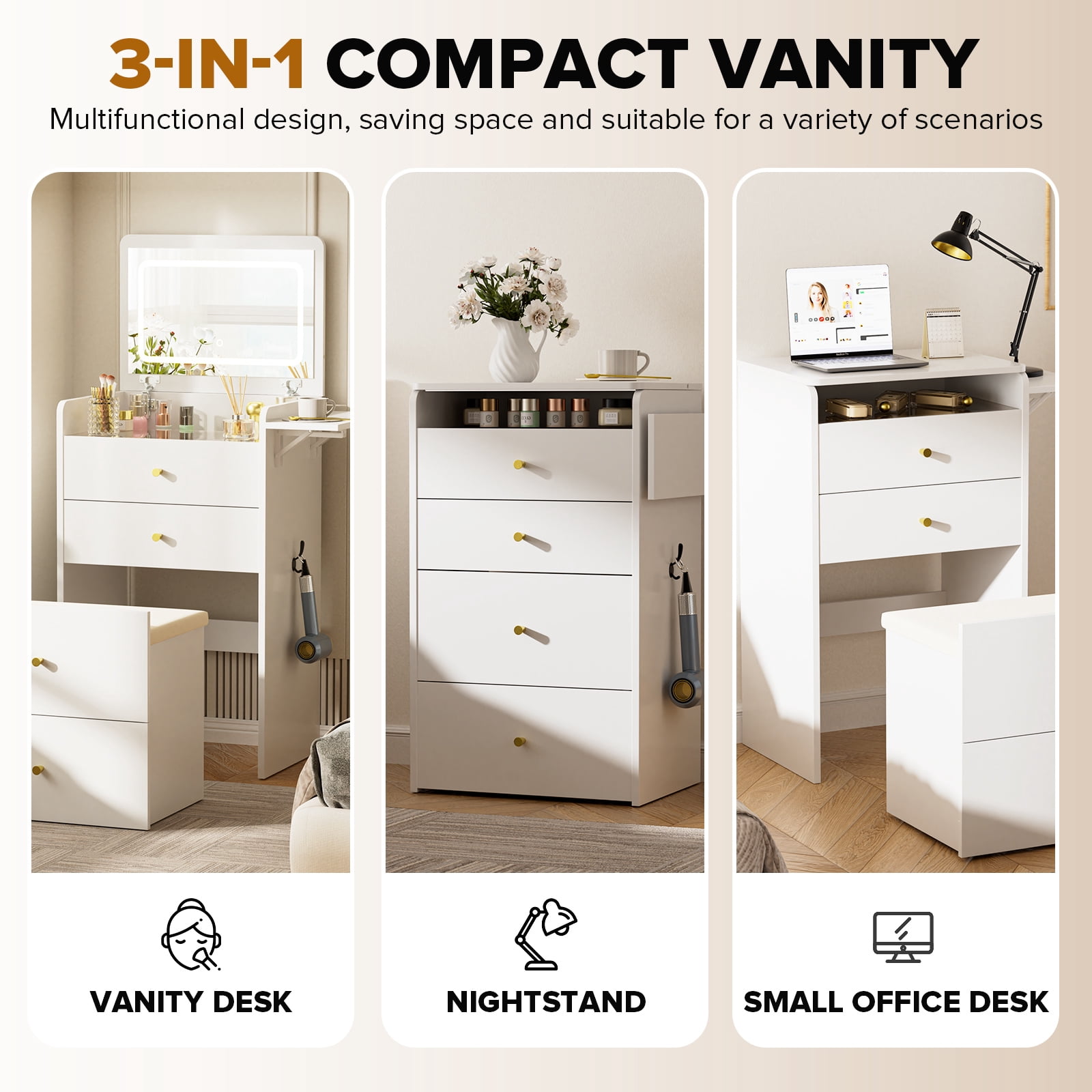 LUCKLIFE 3-in-1 Makeup Vanity Set with Lighted Flip Top Mirror & Storage Stool, Small Space Dressing Table with Foldable Side Tray, Glass Top Desk & Nightstand for Bedroom, White