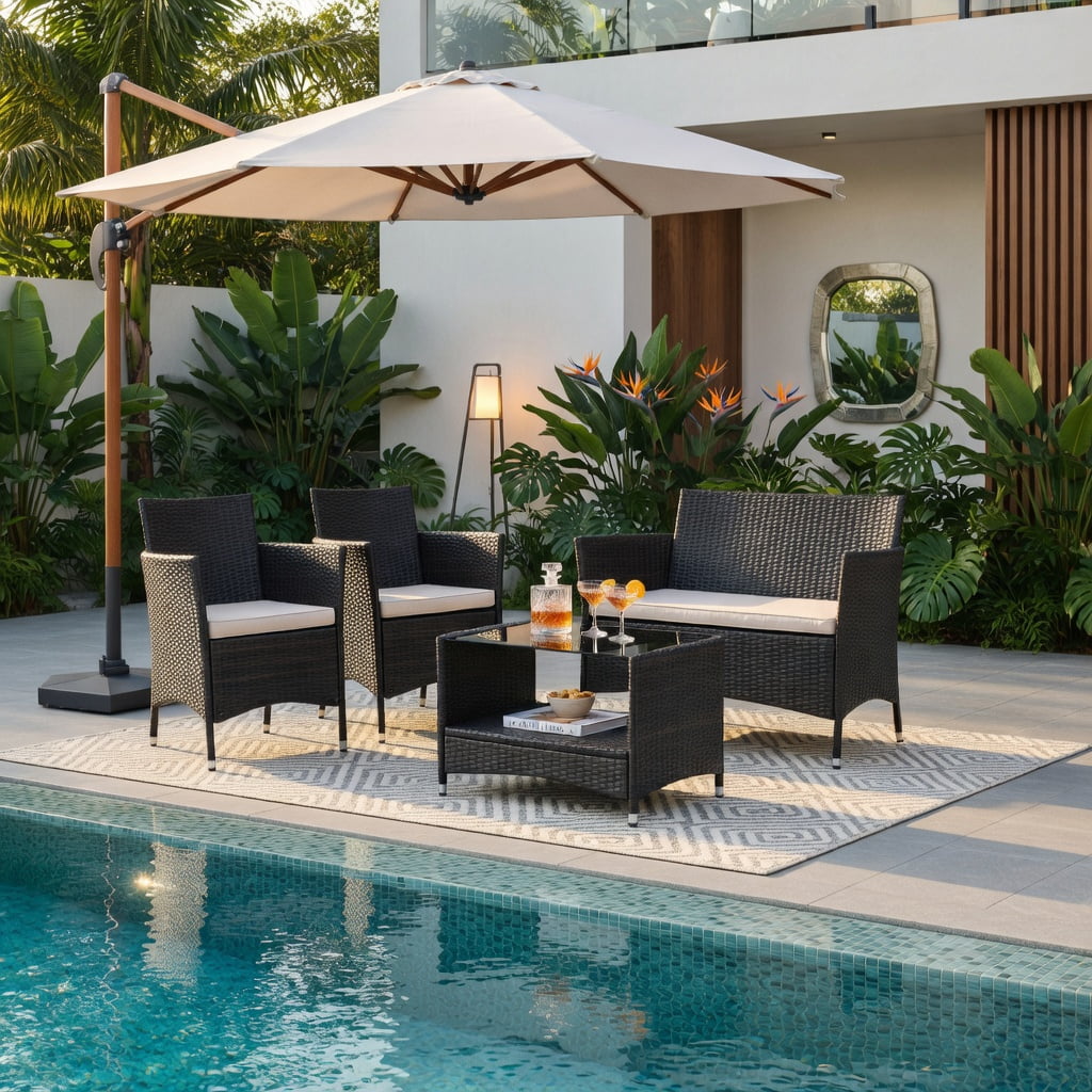 Hommoo 4-Piece Outdoor Patio Conversation Set, PE Rattan Loveseat & Armchairs with Tempered Glass Coffee Table and Removable Cushions, Black