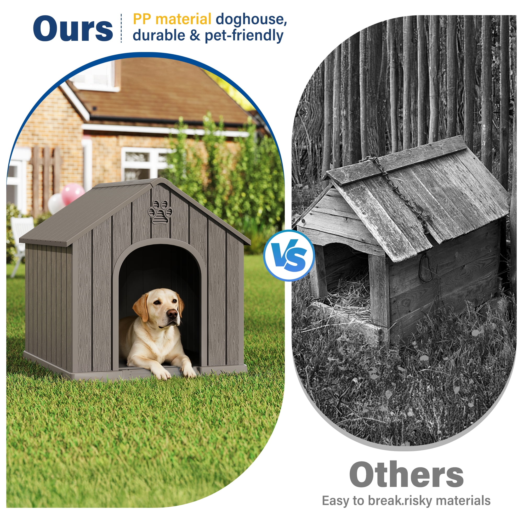LHBcraft Large Dog House for Medium Large Dogs,Durable PP Waterproof Dog Shelter with Air Vents & Elevated Floor,Easy Clean and Assemble for Outdoor & Indoor,Gray