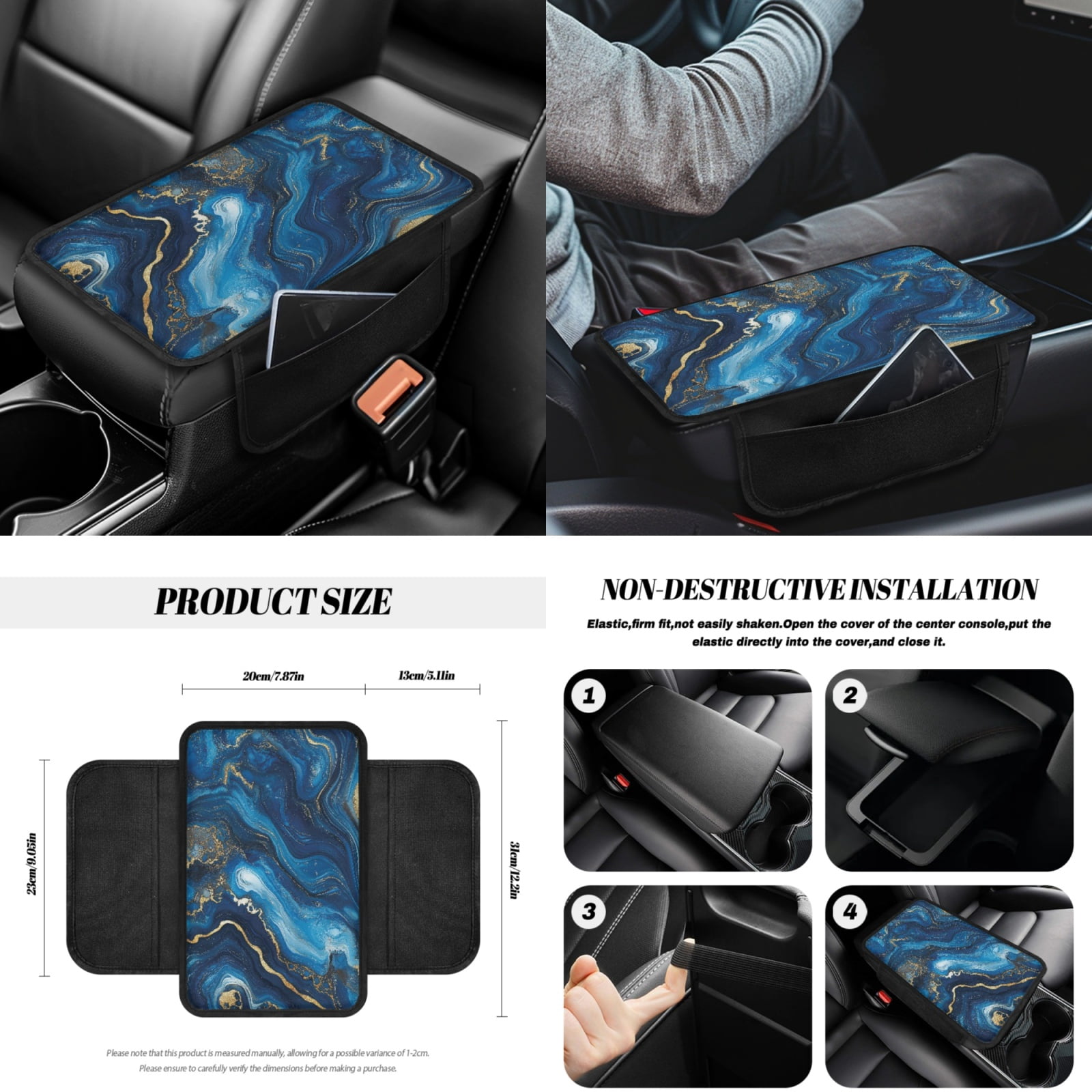 Yuyamidu Blue Marble Print Car Seat Cover Full Set of 14 Fashion Auto Steering Wheel Cover Seatbelt Pads Armrest Cushion Trash Can Rearview Mirror Cover Handbrake Cover Set Coasters