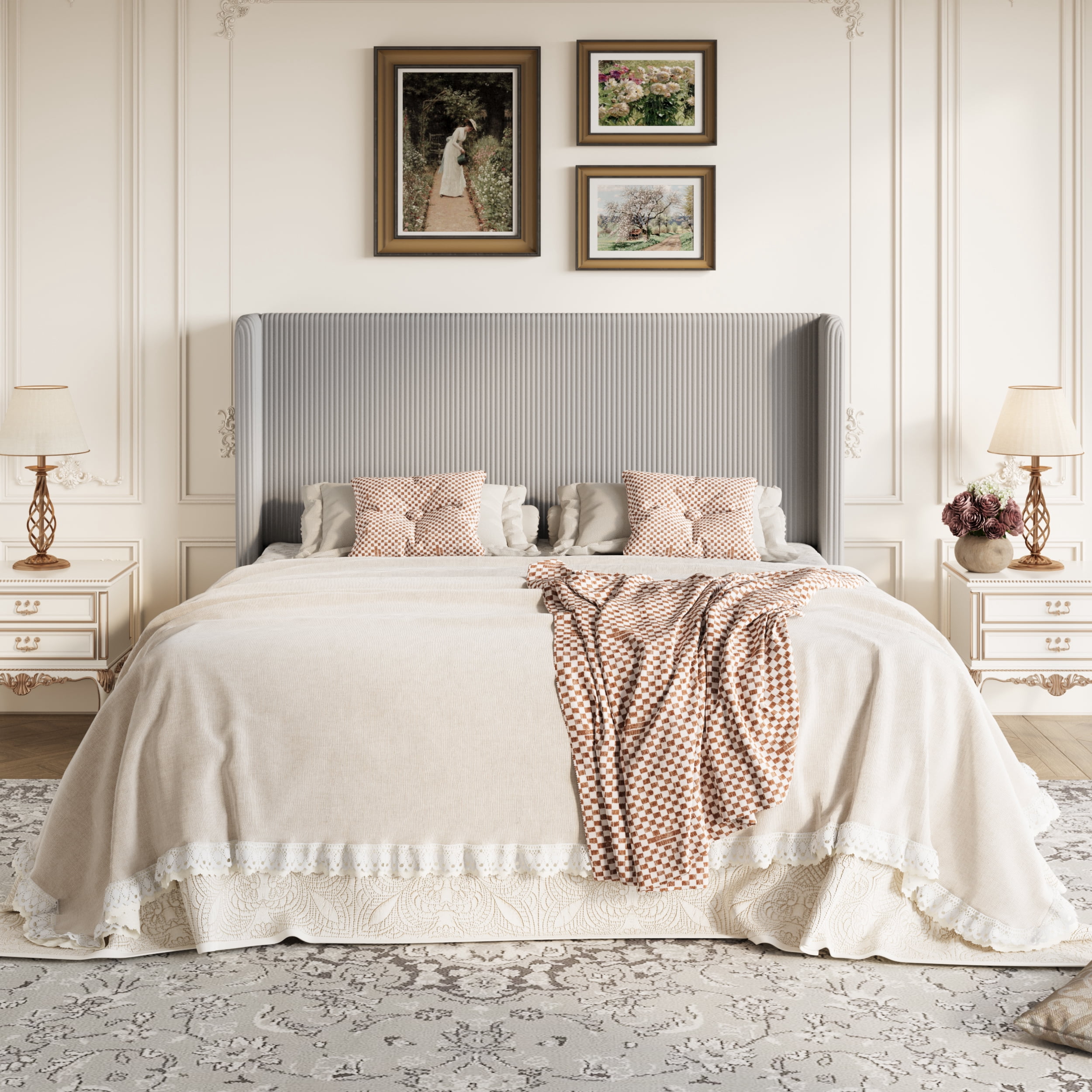 Amolife King Size Platform Bed Frame with Velvet Upholstered Wingback Headboard, Light Gray