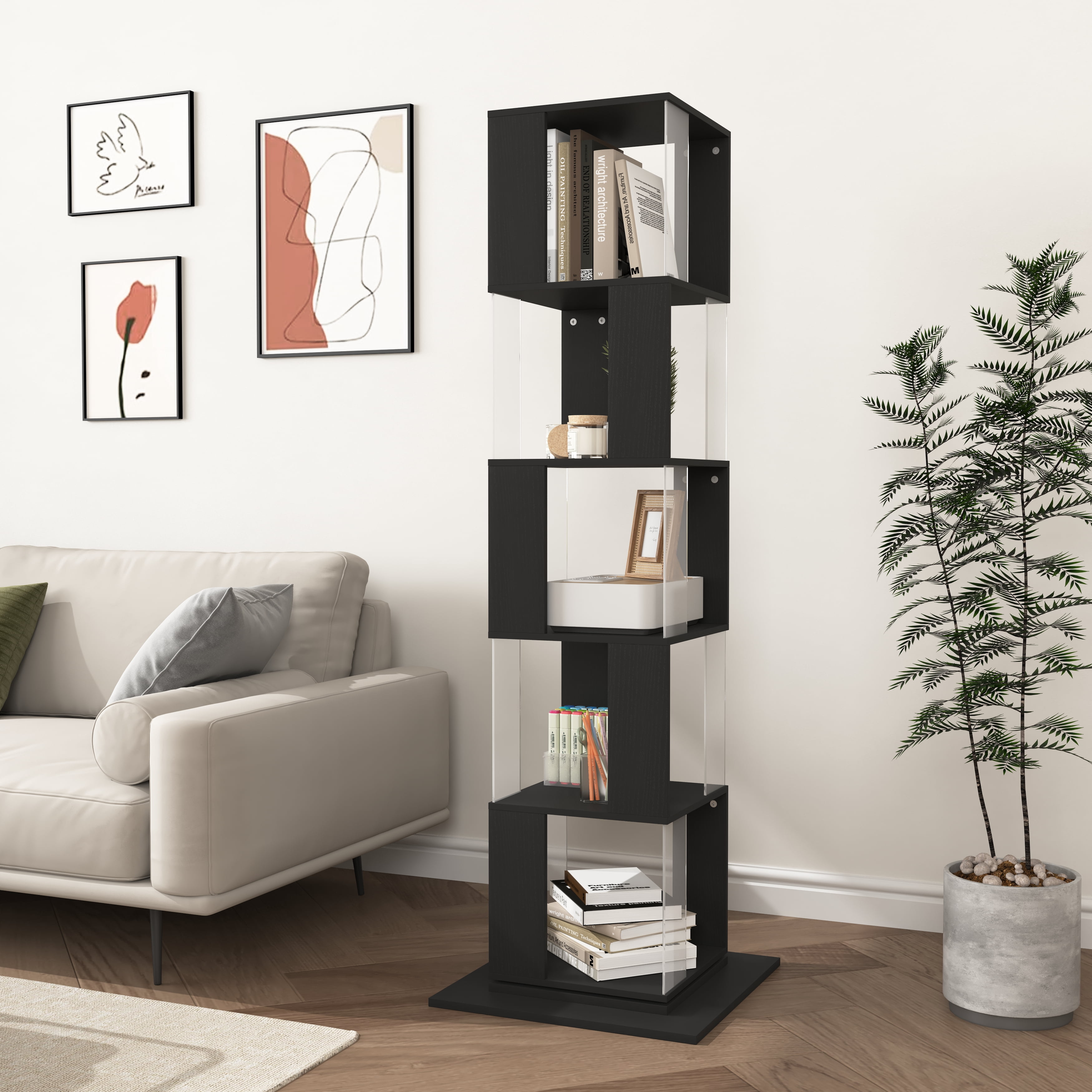 360-Degree Rotating Bookshelf with Wood Veneer & Clear Acrylic Panels, Large Capacity Space-Saving Storage Rack with Anti-Toppling Base for Books Decor Albums Living Room Office