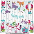 thumbnail image 1 of Whimsical Christmas Shower Curtain with Santa, Reindeer, Snowmen & Trees - Festive Holiday Decor with Fun Characters & Snowflakes - "Harty Sants" in Teal Script, 1 of 4