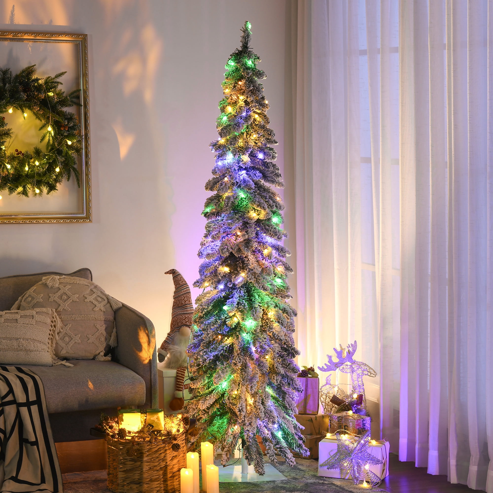 6ft Prelit Pencil Artificial Christmas Tree with 407 Snow Flocked Branches, 250 LED Lights, Green