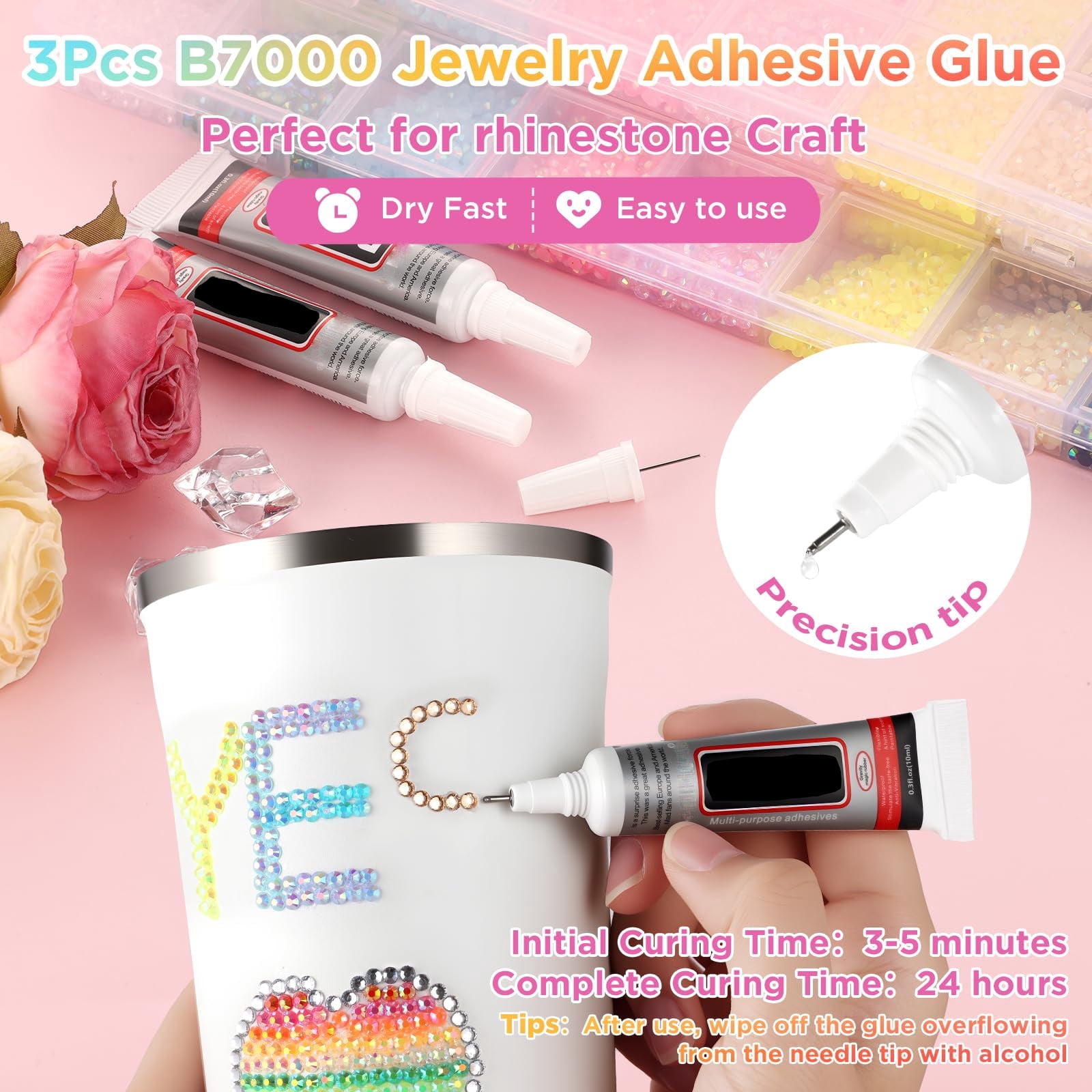 Bedazzling Kit,24 Color Resin Jelly Rhinestones ,3Mm Flatback Gems For Crafting,Rhinestones for Bedazzling With 3Pcs B7000 Glue For Clothing Shoes Nail Book Diamond Art